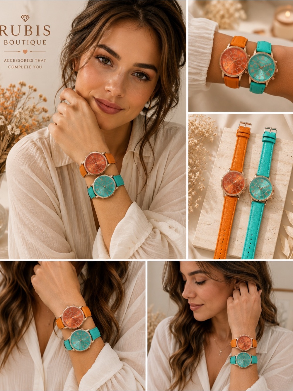 Set of 2 Women’s Fashion Watches – Orange & Turquoise Gold Tone